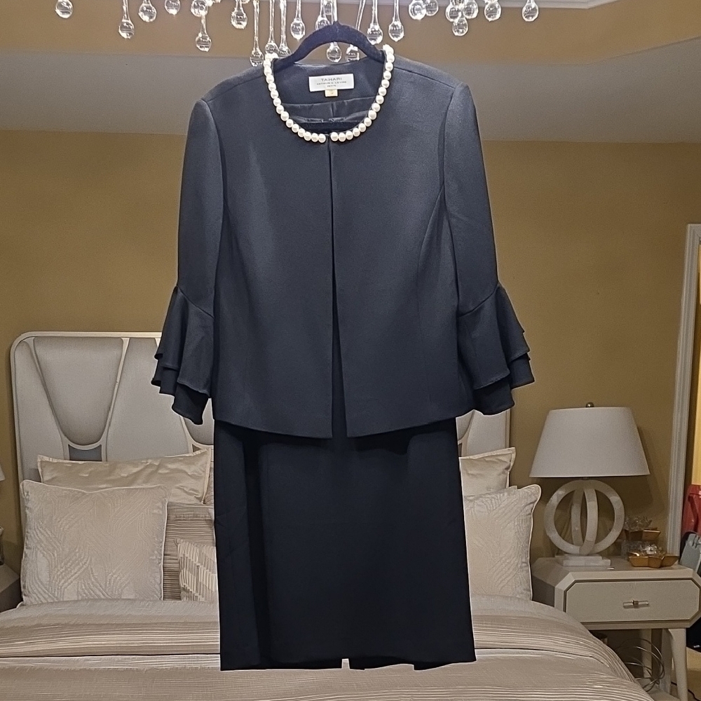 Tahari Classic  Black Dress Set with Flared Sleeves 2 Pieces